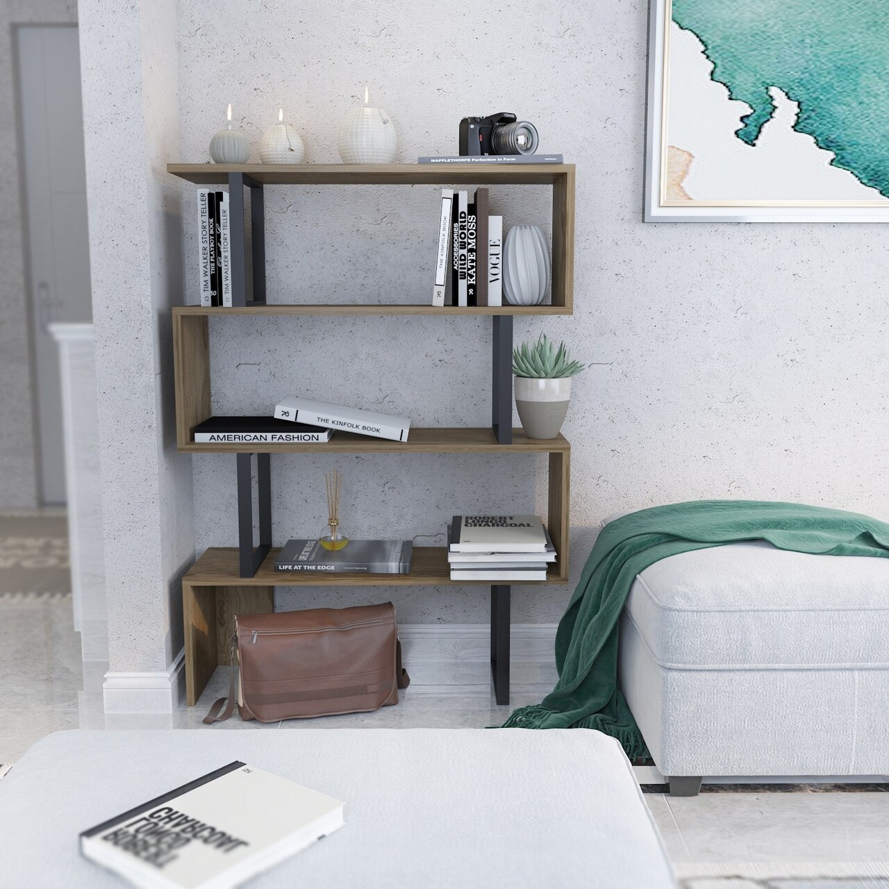 Biblioteca, Zena Home, Adriana 875ZNA3624, 91.5 x 124.5 x 29.5 cm, pal melaminat, stejar/negru - imagine 4